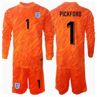 PICKFORD #1 England Målvaktströja 2023 Barn orange Kortärmad + Korta byxor-1