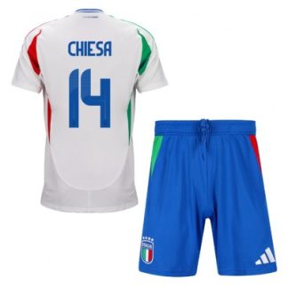 Fotbollskläder barn Italien Bortaställ EM 2024 vit Kortärmad + blå Korta byxor Federico Chiesa 14