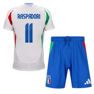 Fotbollskläder barn Italien Bortaställ EM 2024 vit Kortärmad + blå Korta byxor Giacomo Raspadori 11