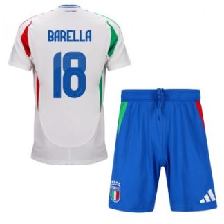 Fotbollskläder barn Italien Bortaställ EM 2024 vit Kortärmad + blå Korta byxor Nicolo Barella 18
