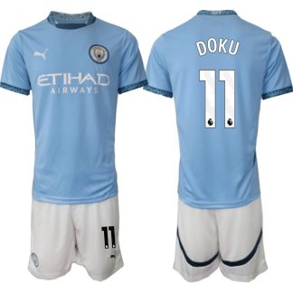 Billiga Manchester City Hemmatröja 2024/25 Jeremy Doku 11 Kortärmad (+ Korta byxor)