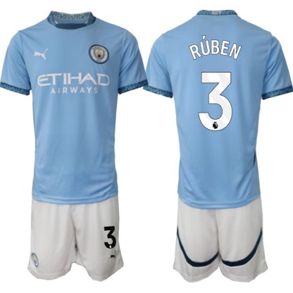 Billiga Manchester City Hemmatröja 2024/25 Rúben Dias 3 Kortärmad (+ Korta byxor)