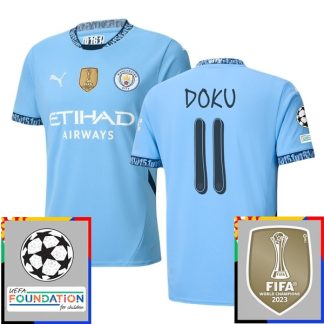 Billiga Manchester City Hemmatröja Champions League With Patch 2024/25 Jeremy Doku 11 Kortärmad