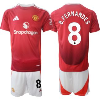 Billiga Manchester United Hemmatröja 2024/25 Bruno Fernandes 8 Kortärmad (+ Korta byxor)